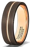 Mens Wedding Band Brown Tungsten Ring Inside Rose Gold Groove Flat Edge Comfort Fit