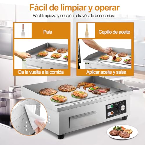 WELIKERA Plancha Eléctrica Comercial de 17 Pulgadas, Inoxidable Plancha de Encimera Eléctrica Industrial, Control de Temperatura Ajustable, Parrilla Plana Eléctrica para Restaurante,110V, 3000W