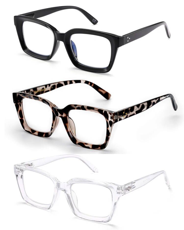 ZUVGEES 3-Pack Oversized Reading Glasses for Women (Black+Tortoiseshell+Transparent,3.00)