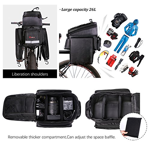 W WHEEL UP Bike Bag Bicycle Rear Seat Adjustable Hooks Reflective Trim and Large Pockets 12-26L Bicycle Trunk Bag with Rain Cover Shoulder Strap Bike Pannier for Road Bikes Mountain