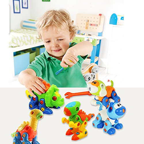 Dinosaur Toys, Take-A-Part Toys with Tools, Large 8L Storage Box,STEM Learning Construction Engineering Toy, Building Play Set,Cat Dog Figure for Kids Boys Girls Toddlers Age 3-10 Years Old, Pack Of 6