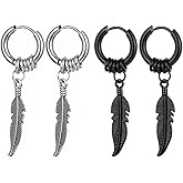 Kawailay 2 Pairs Feather Huggie Hoop Earrings Gothic Feather Earrings Studs Punk Rock Hip Hop Dangle Drop Earrings for Men Women - Silver and Black Style 2