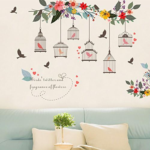 Colorful Fower Bird Birdcage Wall Atickers for Living Room Posters Garden Floral Wedding Decoration PVC Wall Art Decals(Birdcage C)