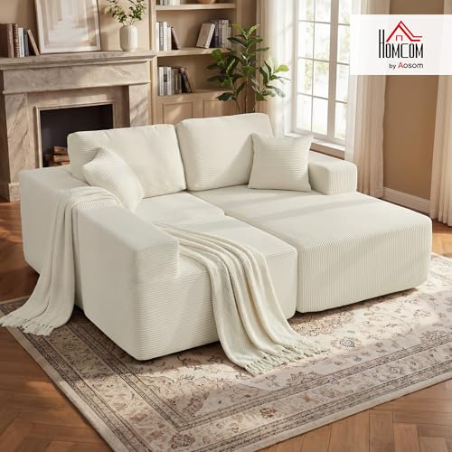 HOMCOM 105" L-Shaped Modular Sectional Sofa, Boneless Cloud Couch with Deep Seat, Wide Armrests, Pillows, 2-in-1 Corduroy Sofa Bed for Living Room, No Assembly Required, Cream