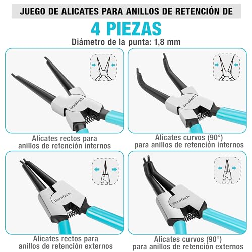 DURATECH 4 Piezas Alicates Circlip de 180 y 165 mm con Mango Antideslizante | Alicates para Anillos de Retención Internos y Externos, Puntas Rectas y Curvas, Acero al Carbono, Bolsa de Almacenamiento