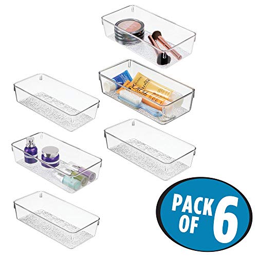 mDesign Plastic Drawer Organizer Storage Tray for Bathroom Vanity, Countertop, Cabinet - Holds Makeup Brushes, Eyeliner, Lip Pencils, Hair Accessories - Textured Base, 6" Wide, 6 Pack - Clear - Thumbnail 2