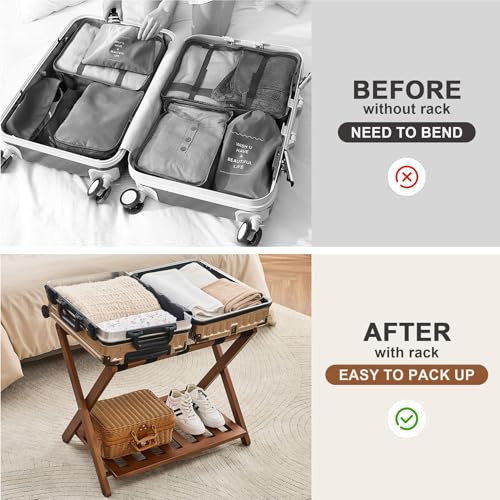 Folding Luggage Rack, Bamboo Suitcase Stand for Guest Room, Luggage Holder with Shoe Storage Shelf for Bedroom, Guest Room, Hotel, 68*45*55CM Brown