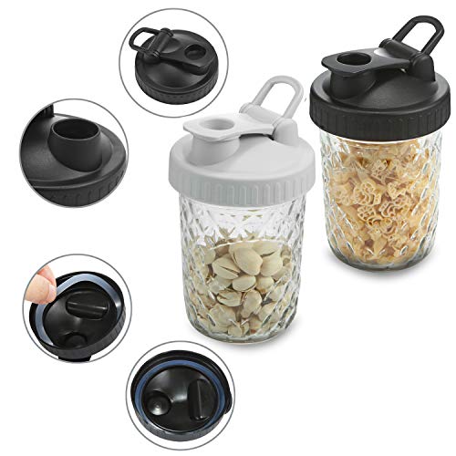 CONNYAM Wide Mouth Mason Jars with Lids (2pcs Jars, 16 oz/Pint), Including 2pcs Flip Top Lids and 2pcs Leakproof Lids and 2pcs Drink Lids with Straw Hole