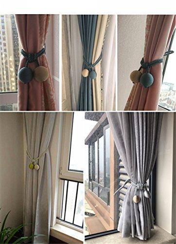 Turbokey 2pcs Curtain Tiebacks Rope Ball Braided Drapery Tassel Clip Buckle Decorative Hand-Knitted Cord Bandages - Beige