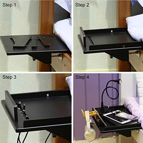 Bedside Shelf for Bunk Bed, Bamboo Attachable Bed Shelf, Great Use as Kids Nightstand, Dorm Room Bed Tray for Students, Organizer for Laptop, Phones, Tablet, Toys, Drink, Clock - Black