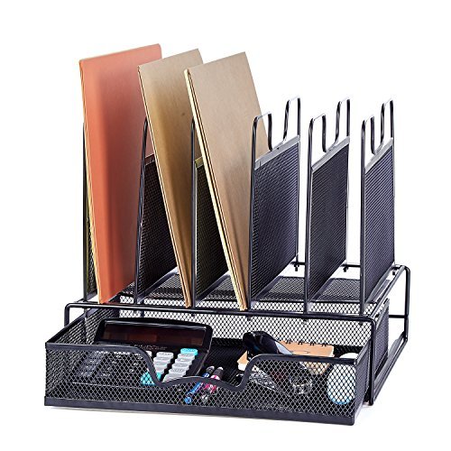 ProAid Office Mesh Desktop Organizer with 5 Vertical Sections, Desk File Organizer with 1 Drawer, Suitable for Organizing Files, Magazines, A4 Papers and Desk Accessories, Black