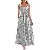 chouyatou Women's Summer Plaid Smocked Back Dress Spaghetti Strap Swing Flowy Maxi Long Beach Dress