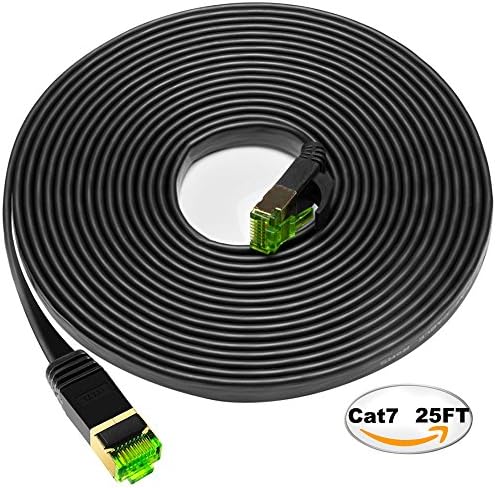 Cat7 STP Ethernet Cable 25ft Flat, iTLTL Shielded Stranded Copper Network Cable Slim Interenet Patch Wire for Modem/ Router/ LAN - 25 feet Black