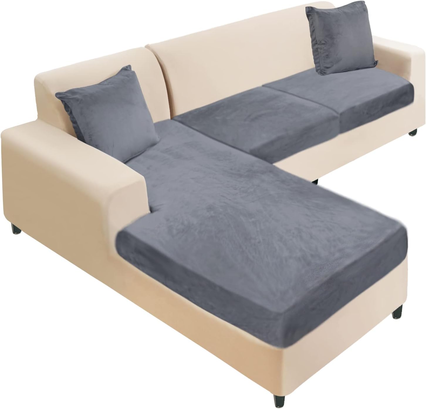 Slipcovers - NAISI Sectional Couch Cover 3 Pieces Velvet Separate Couch Cushion Covers L Shape Soft Stretch Sofa Slipcovers with 2pcs Pillowcases for Left/Right Chaise Sectional Sofa(2 Seater+1 Chaise,Dark Grey)