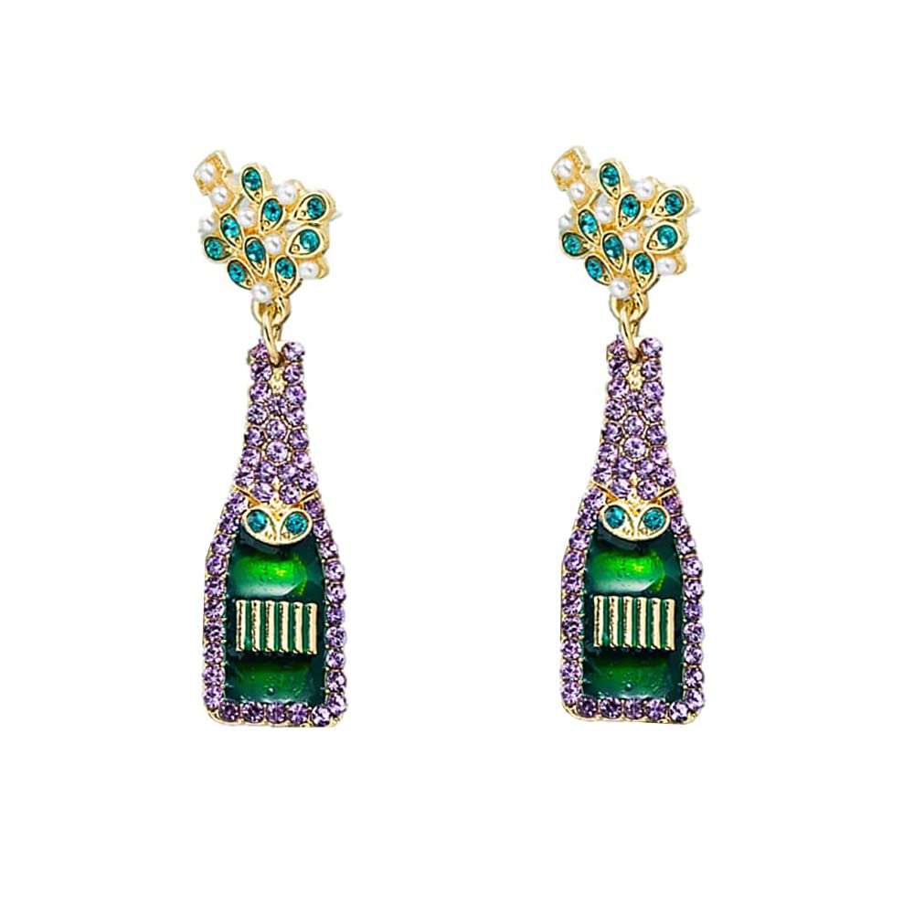 CZ Champagne Bottle Dangle Earrings for Women Girls Handmade Rhinestone Crystal Stud Celebration Statement Drop Dangling Dainty Wedding Birthday Christmas Party Jewelry Cute Gifts (Purple)