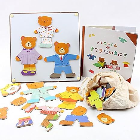 Amazon Wishtime 大人気の熊の着せ替えセット マグネット付き 木のおもちゃ 絵本付き パズル おままごと ごっこ遊び 知育 玩具 はめこみ 形合わせ おもちゃ