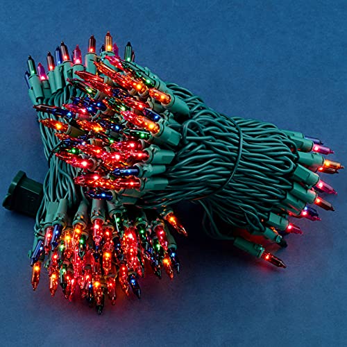 MultiColor Incandescent Christmas Lights, 66 Ft Green Wire 200 Mini Lights, UL Certified