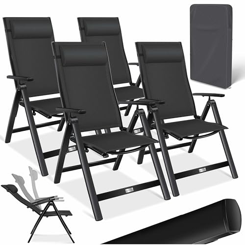 KESSER® Gartenstuhl Hochlehner mit Armlehnen 4er Set Aluminium Klappstuhl mit Kopfkissen & Abdeckung Campingstuhl 7-Fach Verstellbar Rückenlehne Atmun
