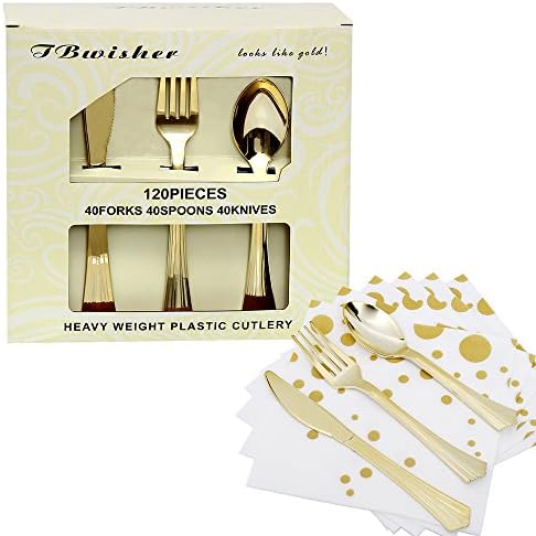 Tbwisher Gold Plastic Disposable Flatware Silverware Set Disposable Tableware Cutlery - 40 Paper Napkin 40 Forks 40 Spoons and 40 Knives Combo 160 Party Supplies (Gold)