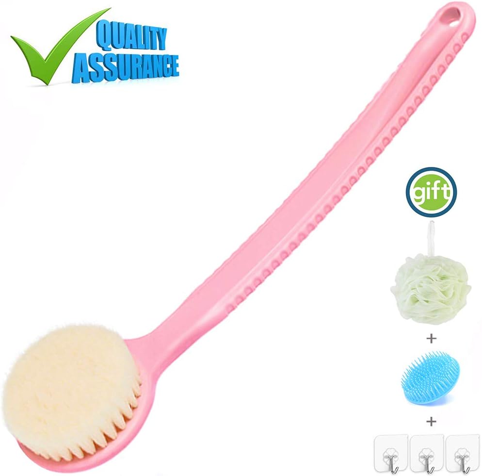 Back Brush for Shower Women Bath Brush Long Handle 14 Inches Curved Back Scrubber with Soft Bristles Non-Slip Handle Body Brush Massage and Exfoliating Shower Brush for Sensitive Skin Pink