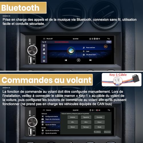Junsun Autoradio 1 DIN Écran Tactile 6,36" avec CarPlay & Android Auto, Bluetooth, GPS, FM, Charge Type-C, 2 USB, Microphone, Égaliseur, Commandes au Volant
