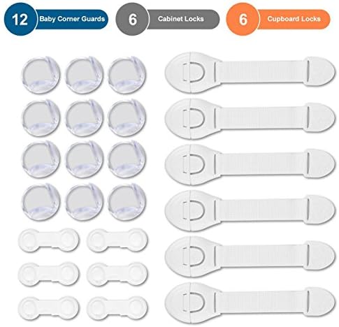 Yanoza 24 Pack Child Proofing Kit, 12 Corner Guard Plus 12 Cabinet, Door and Drawer Lock Strap