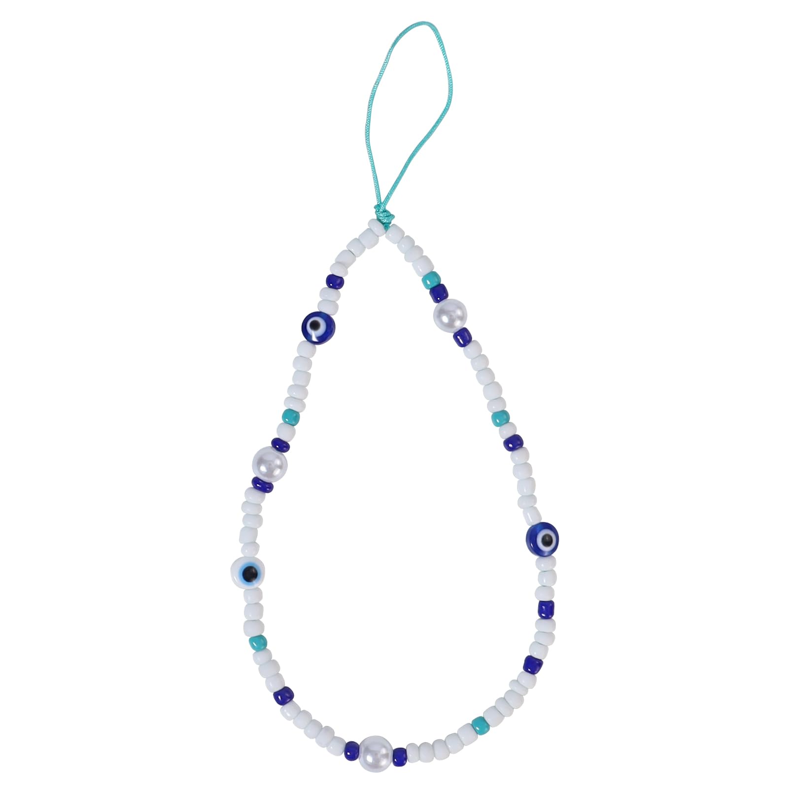 1 Pcs Beaded Lanyard, Phone Charm Wrist Strap with Resin Evil Eye Shape Beads, Fashion Accessories for Mobile Hanging Key Chain for Women and Girls, White Blue