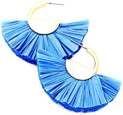 Uniklook Blue Raffia Tassel Worn Gold Statement 2" Hoops Earrings Women's fashion Jewelry