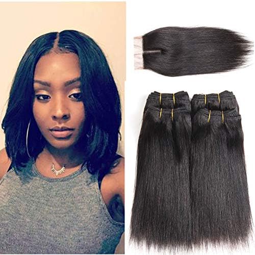 Monitu Brazilian Straight Hair 4 Bundles with Closure Braziian Virgin Hair Straight Weave With 4x4 inch top Lace Closure 100% Human Hair Weft Extension Natural Black (8 8 8 8 Closure8, Straight)