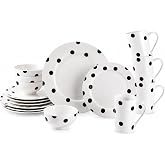 Loymokinar Black and White Polka Dot Dinnerware Set for 4, 16-Piece | Porcelain dish set for 4 with 4 dinner plates, 4 salad plates, 4 bowls and 4 mugs; microwave and dishwasher safe.