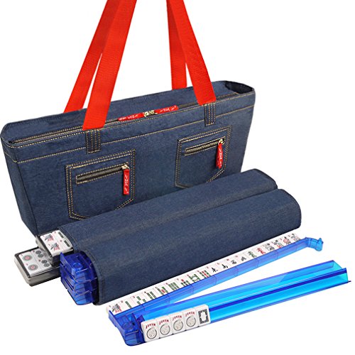 NEW! - American Mah Jongg Set by Linda Li - 166 Premium White Tiles, 4 All-In-One Rack/Pushers, Denim Blue Soft Bag - Stylish Full Size Complete Mahjong Set
