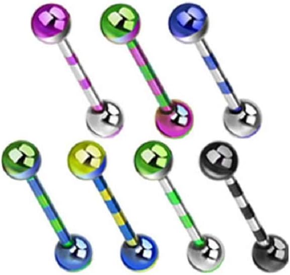 PIERCE ME (1pc Multiple Color Duo-Tone Striped Barbell Titanium IP Tongue Ring 14G 5/8"
