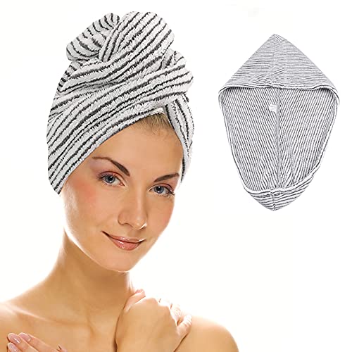 HuaJiao Microfiber Hair Towel Wrap, Hair Turban Towel Soft and Anti Frizz Head Towel Super Absorbent Hair Drying Towel with Buttons Fasten Salon Dry Hair Hat for Women Girls (Stripe)