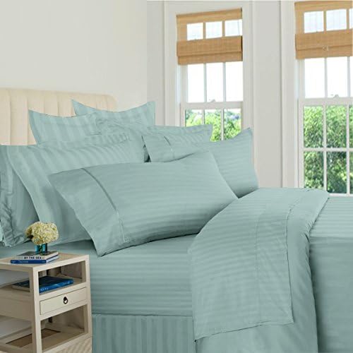 Bed Bath Fashions Fifth Ave Luxury 500 Thread Count 100% Egyptian Quality Cotton Sateen Stripe Sheet Set - Deep Pocket Ultra Soft Welspun Hotel Bed Linens (Queen, Granite Green)