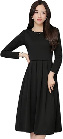 Amazon ロンショップ R O N Shop クルーネック フレア Aライン ワンピース ブラック フォーマル ドレス 黒 ひざ丈 長袖 ワンピース チュニック 通販