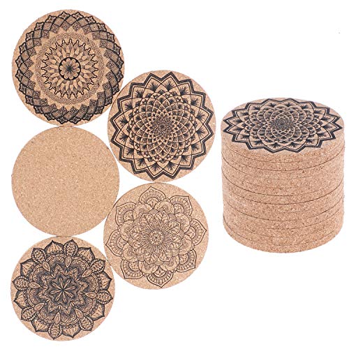 LOCOLO 15 Pieces Round Cork Coasters - MANDALA designs, 4 Inches Perfect for Most Glasses 0.2