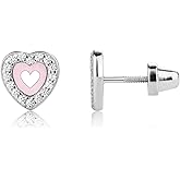 Cherished Moments Children's .925 Sterling Silver Pink Heart Earrings with Sparkling CZ Stones and Safety Screw Backs for Babies, Toddlers, Kids, or Little Girls