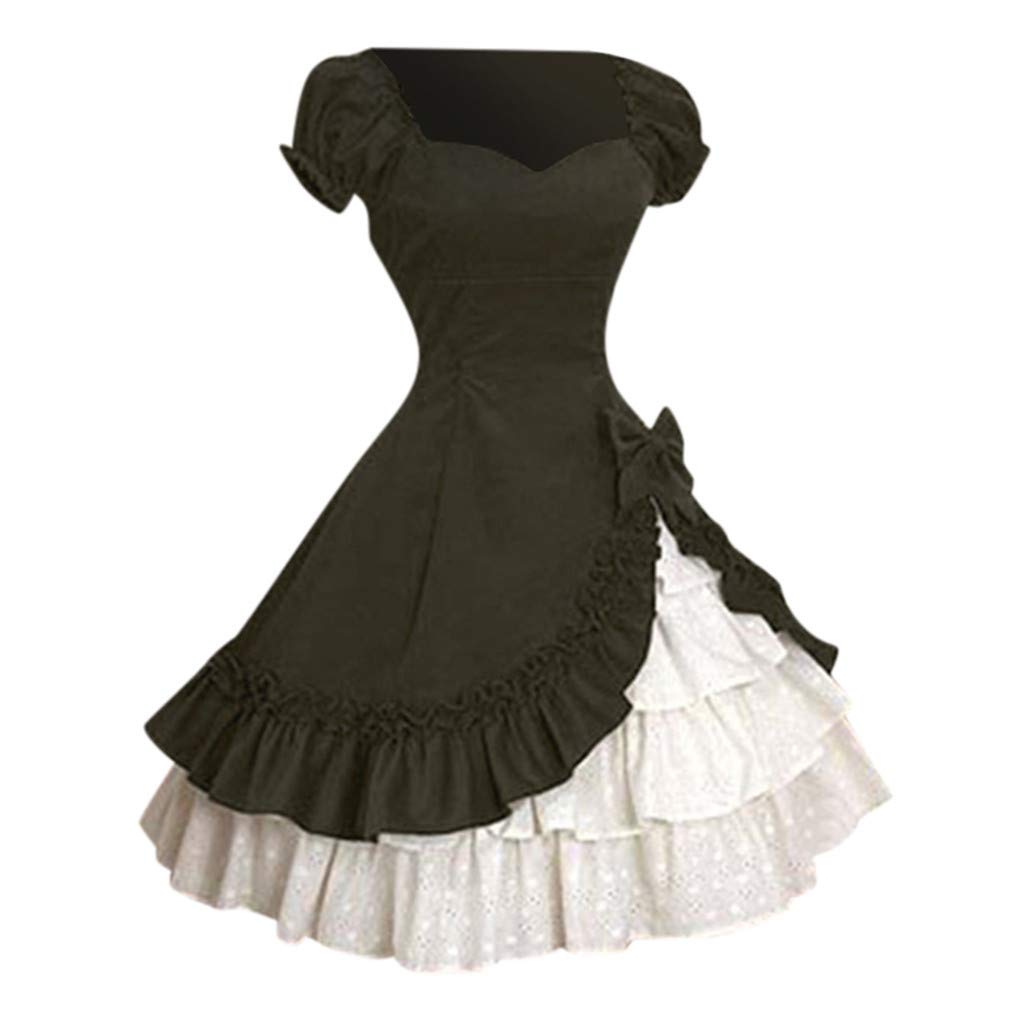 satiny Damen Kleid Mittelalterlich Lang Maxi Kleid Spitzenkleid Partykleid Kurzarm Kuchenrock Kost/&uuml;m Maxikleid Gothic Abendkleider CocktailKleid Vintage Gericht Bow Prinzessin Rock
