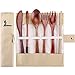 Boao 7 Pieces Wooden Cutlery Bamboo Travel Utensils Set, Include Knife, Fork, Spoon, Coffee Spoon, Wooden Straw and Straw Brush with Bag (Paint Color with Khaki Bag)