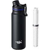 Membrane Solutions C3 Filtered Water Bottle, 32oz Stainless Steel Water Bottle with Replaceable UF+ACF Filter Cartridge, Portable Water Filter, Travel, Hiking & Camping for Drinking Water