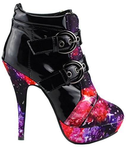 SHOW STORY Black Buckle Night Sky High Heel Stiletto Platform Ankle Boots,LF30301BK39,8US,Black