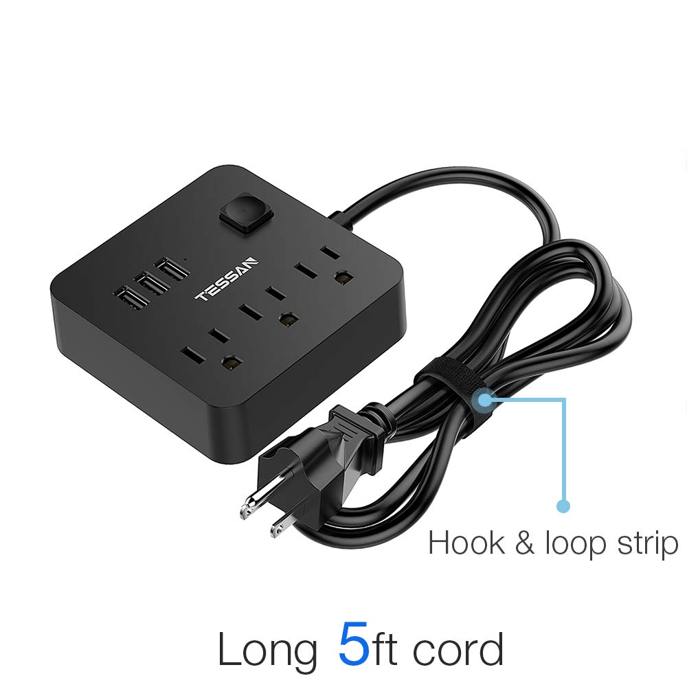 Power Strip with 3 USB & Switch Control, Desktop Charging Station Portable Travel Size - Black