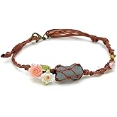 Handmade Boho Aquamarine Bracelet – March Birthstone Jewelry with Pink Rose & White Daisy, Adjustable Natural Gemstone Bracelet for Women, Floral Light Blue Crystal Bracelet Gift for Her