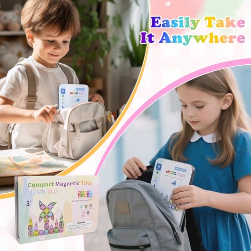 Euakee Magnetic Tiles, Travel Magnetic Building Blocks Set, Mini Magnetic Tiles, Building Toys with Iron Box for Boys and Girls, Montessori Toy (A)