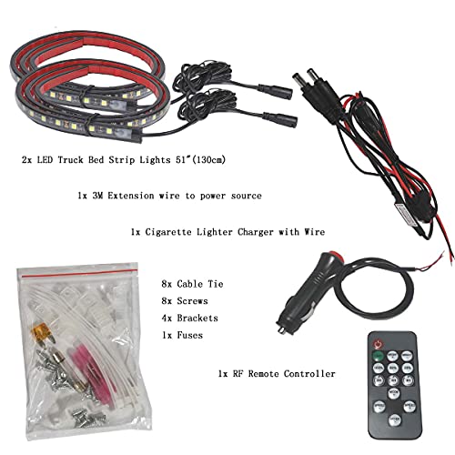 QLEE 2pcs Led Pickup Bed Light Strip 51 Inch Remote Control Truck Bed Lights White Waterproof Led Strip Light Kit for Trucks Cargo Vans SUV Rv Boat Light Fuse Splitter Cable Car Lights