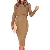 Ezbelle Women's Long Sleeve Sweater Dresses 2 Piece Outfits Sets Ribbed Knit Crop Tops and Tank Bodycon Midi Dress