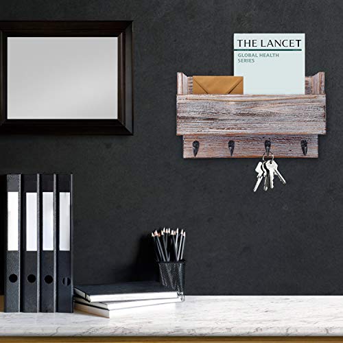 Halcent Wood Mail Holder Sorter with 4 Key Hook Holder, Wall Mail Organizer Hanging Letter Holder for Entryway Hallway Office Kitchen Mudroom