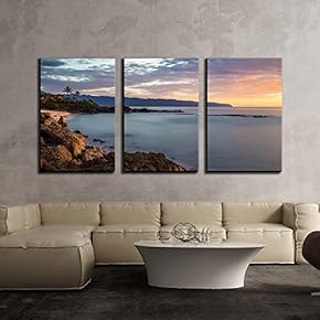 3 Piece Canvas Wall Art - Beautiful Landscape of Seashore with Palm Trees and Rocks at Sunset - Modern Home Art Stretched and Framed Ready to Hang - 16"x24"x3 Panels