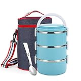 Maiyuansu Stainless Steel Lunch Box, Lock Container and Heat/Cold Insulated Bag, Leak Proof Stackable Bento Lunch Box for Adults Large Capacity Food Storage Boxes (3-Tier, Blue)
