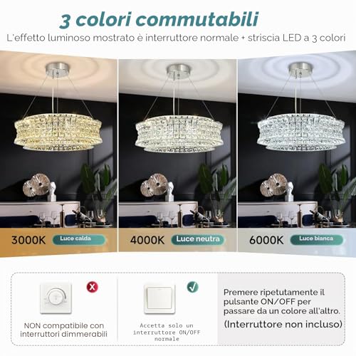 AOOCHOK Modern Crystal Chandelier for Dining Room, LED Chrome Pendant Lights, Round Crystal Pendant Light for Living Room, Hallway, Kitchen Island, D50cm
